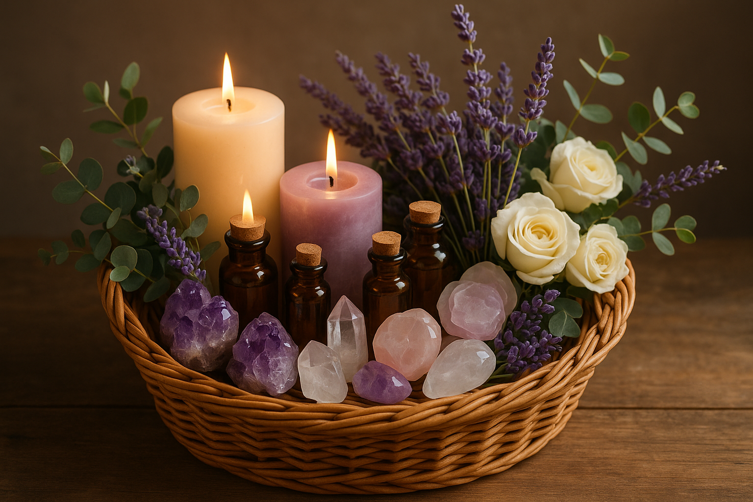 A beautiful basket full of candles, oils, crystals and flowers